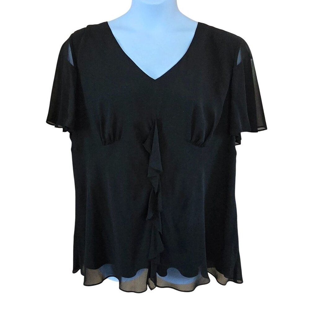 Black Ruffle-Front Blouse Peplum sweetheart neckline Sheer flutter sleeve goth